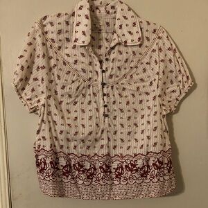 Anthrpologie Cream Blouse with Maroon Floral Border
